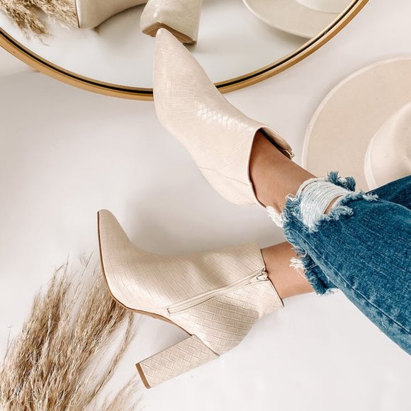BAMBOO Shoes - NEW🔥 Ivory Braided Weave Woven Ankle Boot Booties Closed Pointy Toe Block Heel